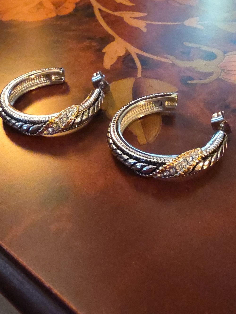 Vintage QVC Two-Tone Rope Hoop Earrings with Crystal Accents Stainless Steel